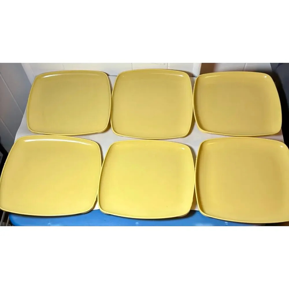 Vtg MCM Yellow Melamine/Plastic Tranquil Ware Byrd Set of 6 Dinner Plates 9”